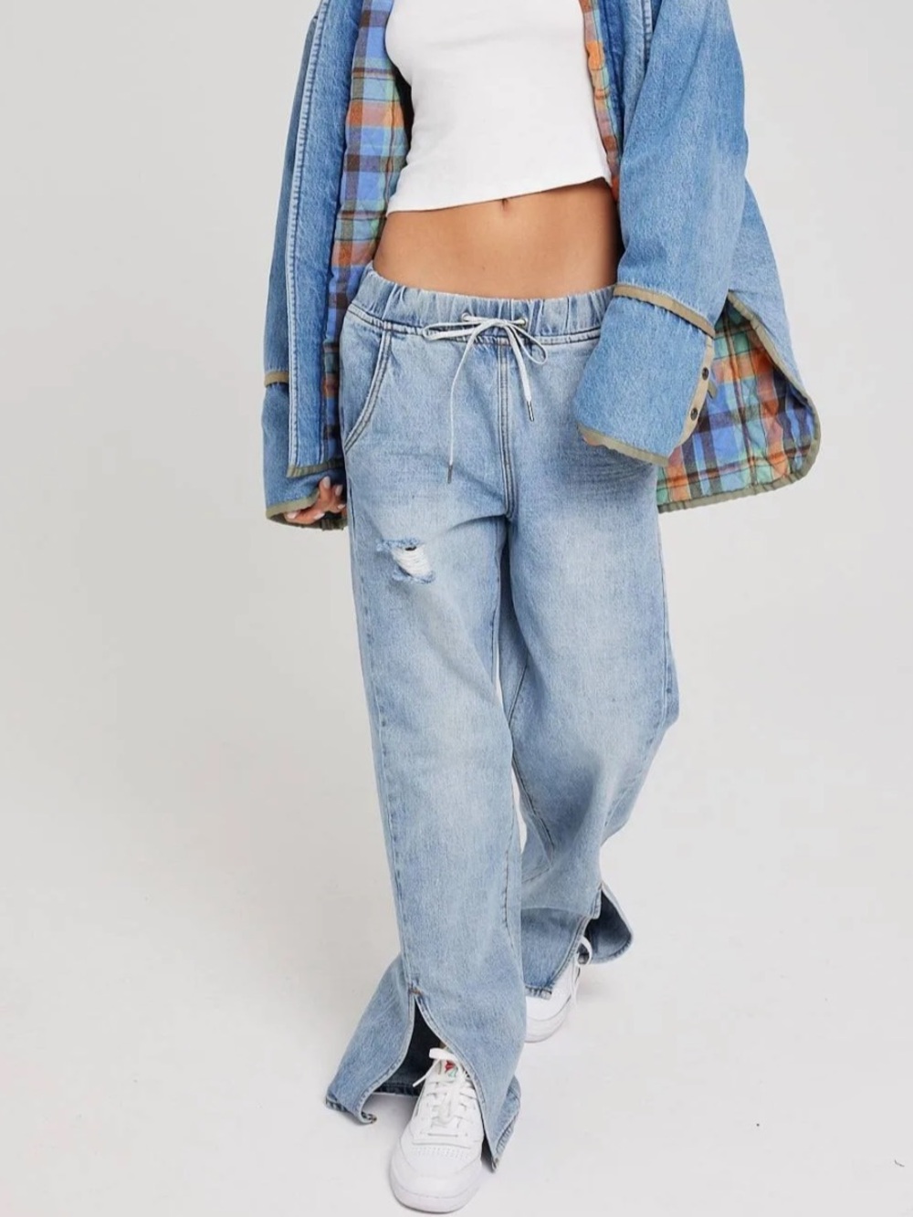 One Teaspoon Jeans Roadhouse Wide Leg Drawstring Denim Jeans Split Hem Small